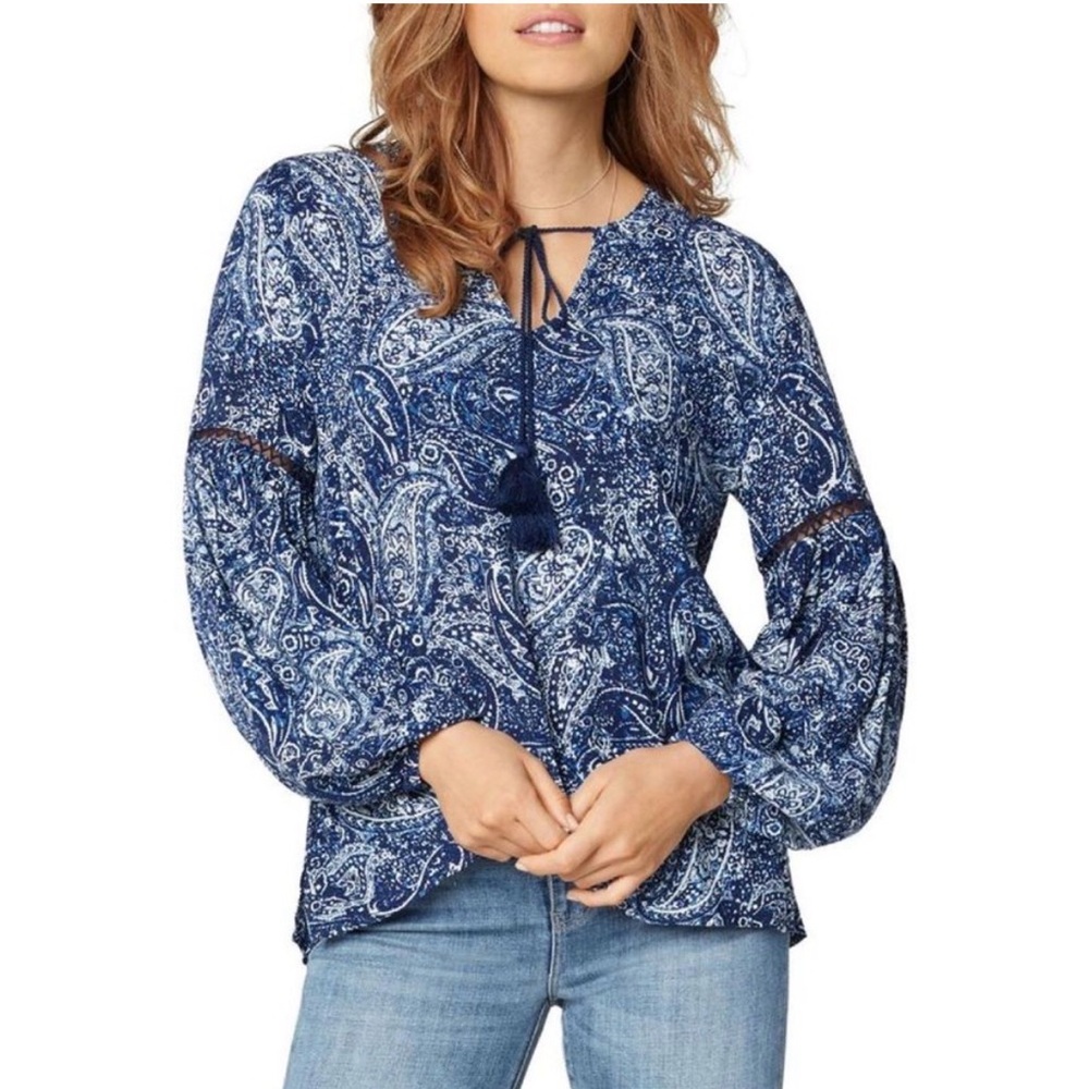 Liverpool Los Angeles Medium Tie Front Blue Paisley Blouse Puff Sleeve
